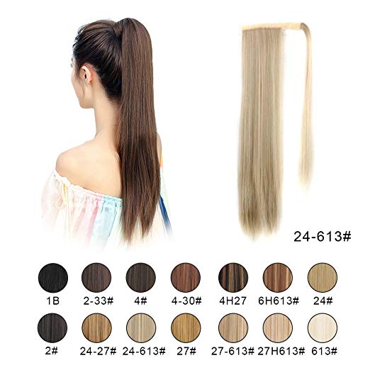 BARSDAR 26" Long Straight Ponytail Extension Wrap Around Synthetic Ponytail Clip in Hair Extensions One Piece Hairpiece Binding Pony Tail Extension for Women (24/613#Light Blonde mix Bleach Blonde Eve