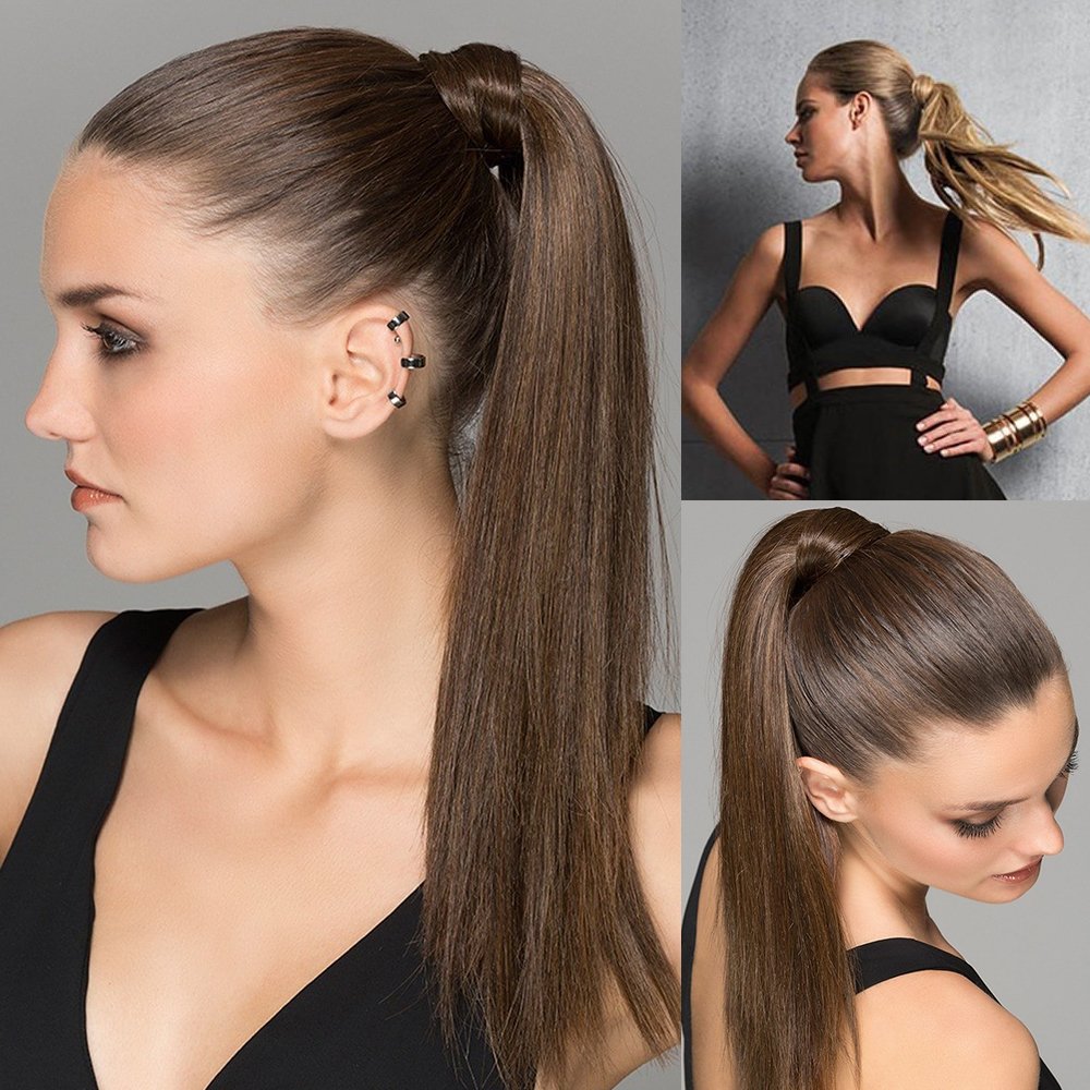 BARSDAR 26" Long Straight Ponytail Extension Wrap Around Synthetic Ponytail Clip in Hair Extensions One Piece Hairpiece Binding Pony Tail Extension for Women (24/613#Light Blonde mix Bleach Blonde Eve