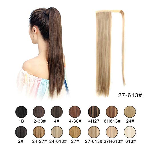 BARSDAR 26" Long Straight Ponytail Extension Wrap Around Synthetic Ponytail Clip in Hair Extensions One Piece Hairpiece Binding Pony Tail Extension for Women (27/613#Strawberry Blonde mix Bleach Blond