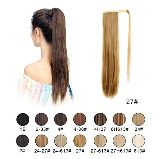 BARSDAR 26" Long Straight Ponytail Extension Wrap Around Strawberry Blonde Synthetic Hair Extensions One Piece Hairpiece Pony Tail Extension for Women Lady Girl (Long Ponytail Extensions 27#)