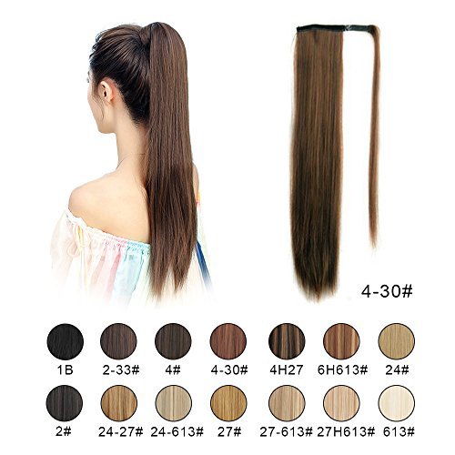 BARSDAR 26" Long Straight Ponytail Extension Wrap Around Synthetic Ponytail Clip in Hair Extensions One Piece Hairpiece Binding Pony Tail Extension for Women Lady Girl (4/30#Dark Brown mix Auburn Even