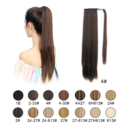 BARSDAR 26" Long Straight Wrap Around Synthetic Ponytail Clip in Hair Extensions One Piece Hairpiece Binding Pony Tail Extension for Women Lady Girl (4# Dark Brown)