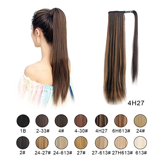 BARSDAR 26" Long Straight Ponytail Extension Wrap Around Synthetic Ponytail Clip in Hair Extensions One Piece Hairpiece Binding Pony Tail Extension for Women (4H27#Dark Brown mix Strawberry Blonde Une