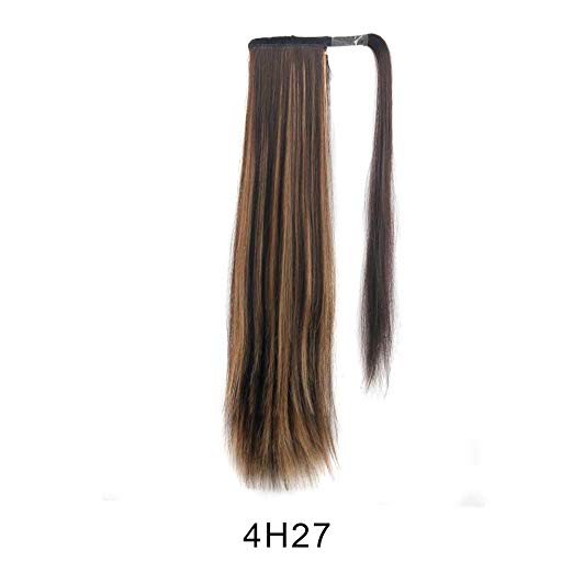 BARSDAR 26" Long Straight Ponytail Extension Wrap Around Synthetic Ponytail Clip in Hair Extensions One Piece Hairpiece Binding Pony Tail Extension for Women (4H27#Dark Brown mix Strawberry Blonde Une
