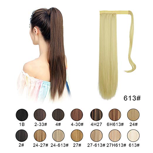 BARSDAR 26" Long Straight Ponytail Extension Wrap Around Bleach Blonde Synthetic Hair Extensions One Piece Hairpiece Pony Tail Extension for Women Lady Girl (Long Ponytail Extensions 613#)