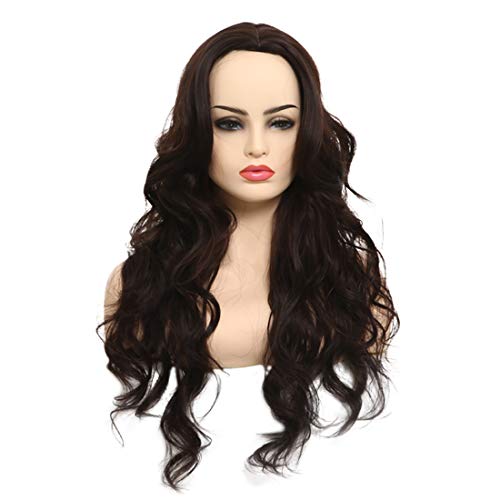 BARSDAR 27'' Brown Long Wavy Curly Wig Rose Net Full Head Wigs for Women Side Part Heat Resistant Synthetic Wigs with Light Bangs （8038）