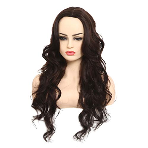 BARSDAR 27'' Brown Long Wavy Curly Wig Rose Net Full Head Wigs for Women Side Part Heat Resistant Synthetic Wigs with Light Bangs （8038）