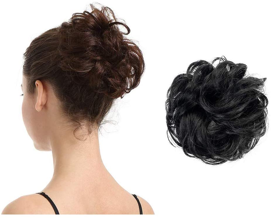 BARSDAR 100% Human Hair Scrunchies Curly Messy Hair Bun Extensions Wedding Hair Pieces for Women Kids Hair Updo Donut Chignons (1# black)