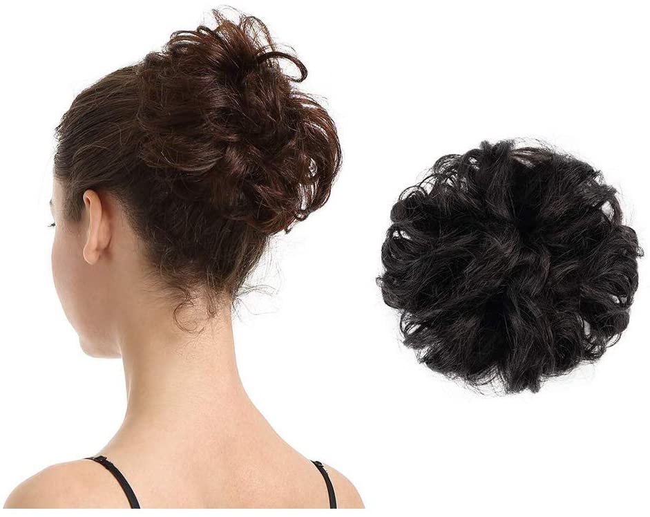 BARSDAR 100% Human Hair Scrunchies (1B Natural Black) Curly Messy Hair Bun Extensions Wedding Hair Pieces for Women Kids Hair Updo Donut Chignons