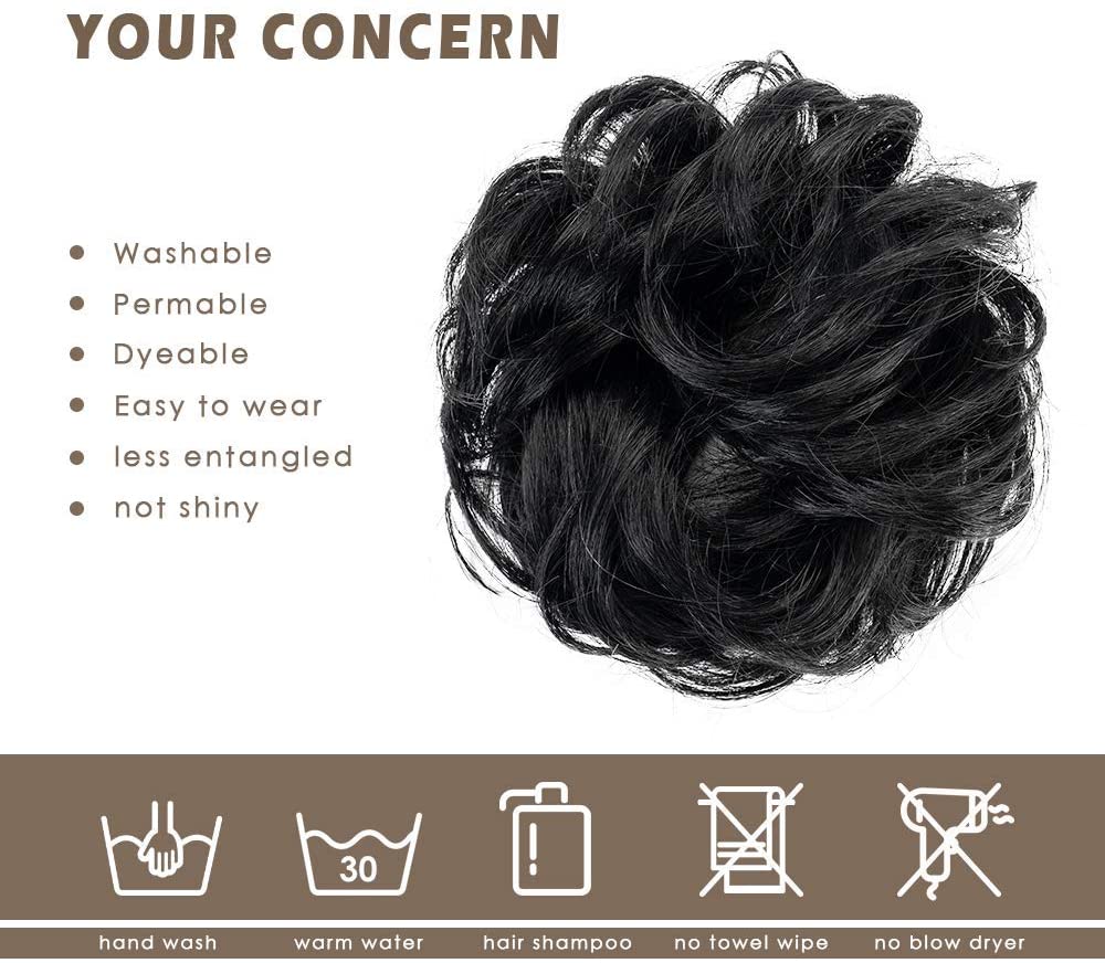 BARSDAR 100% Human Hair Scrunchies Curly Messy Hair Bun Extensions Wedding Hair Pieces for Women Kids Hair Updo Donut Chignons (1# black)