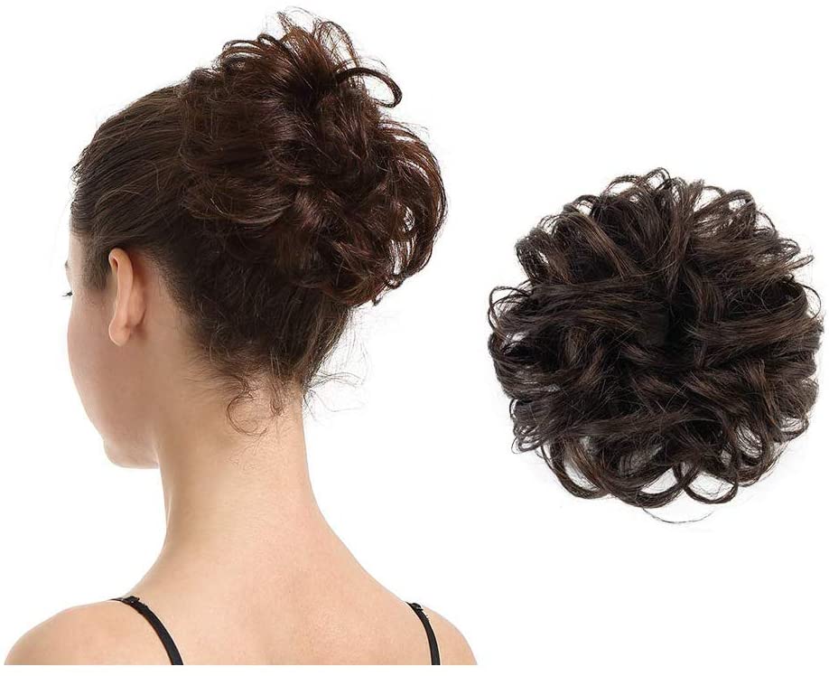 BARSDAR 100% Human Hair Scrunchies Curly Messy Hair Bun Extensions Wedding Hair Pieces for Women Kids Hair Updo Donut Chignons (2# dark brown)