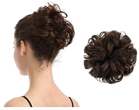 BARSDAR 100% Human Hair Scrunchies (4# Brown) Curly Messy Hair Bun Extensions Wedding Hair Pieces for Women Kids Hair Updo Donut Chignons