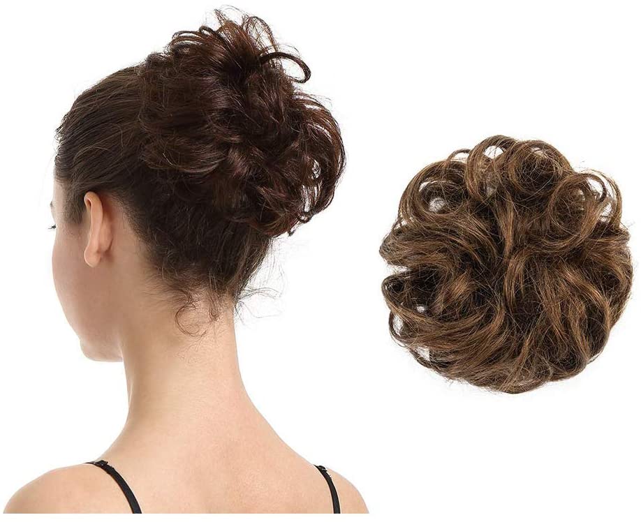 BARSDAR 100% Human Hair Scrunchies (6# Medium Chestnut Brown) Curly Messy Hair Bun Extensions Wedding Hair Pieces for Women Kids Hair Updo Donut Chignons