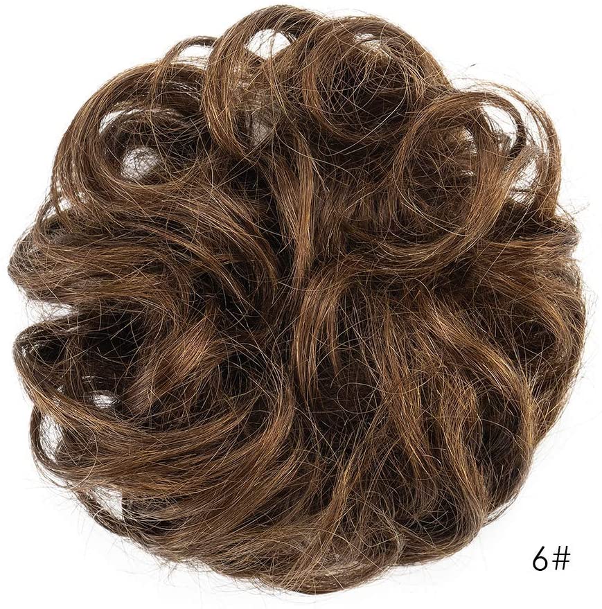 BARSDAR 100% Human Hair Scrunchies (6# Medium Chestnut Brown) Curly Messy Hair Bun Extensions Wedding Hair Pieces for Women Kids Hair Updo Donut Chignons