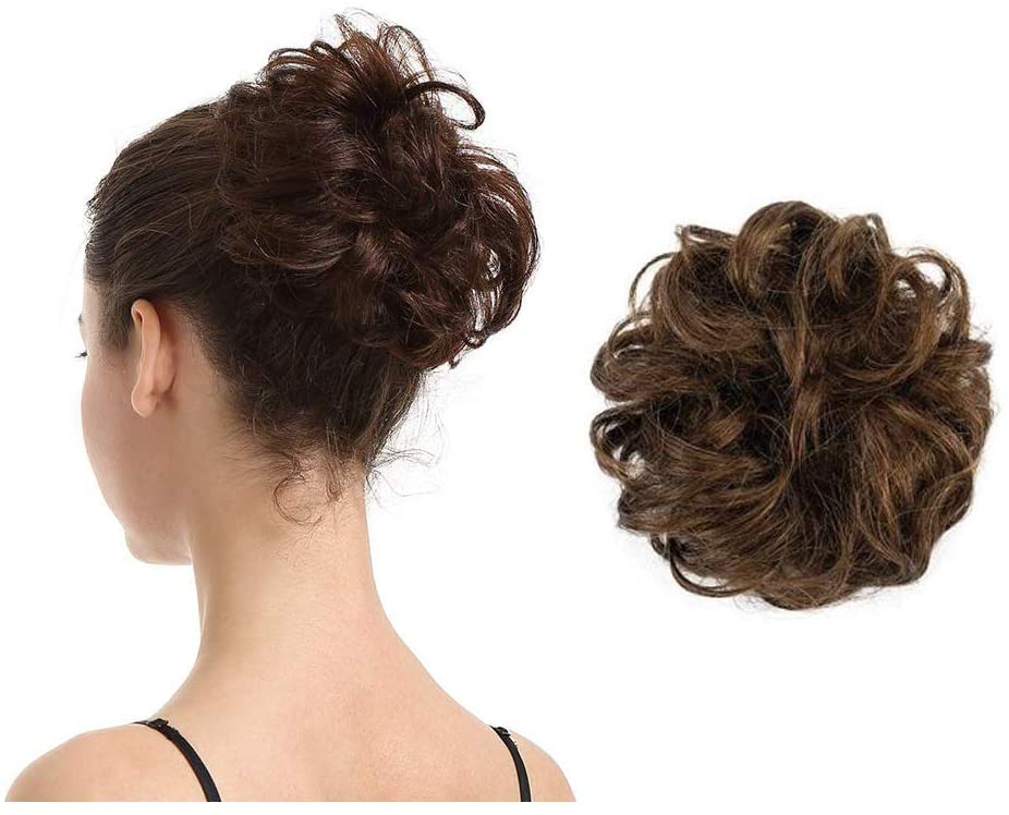 BARSDAR 100% Human Hair Scrunchies (8# Light Chestnut Brown) Curly Messy Hair Bun Extensions Wedding Hair Pieces for Women Kids Hair Updo Donut Chignons