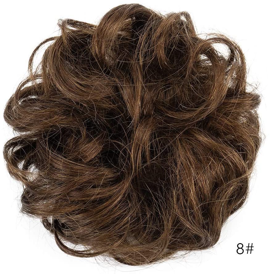 BARSDAR 100% Human Hair Scrunchies (8# Light Chestnut Brown) Curly Messy Hair Bun Extensions Wedding Hair Pieces for Women Kids Hair Updo Donut Chignons