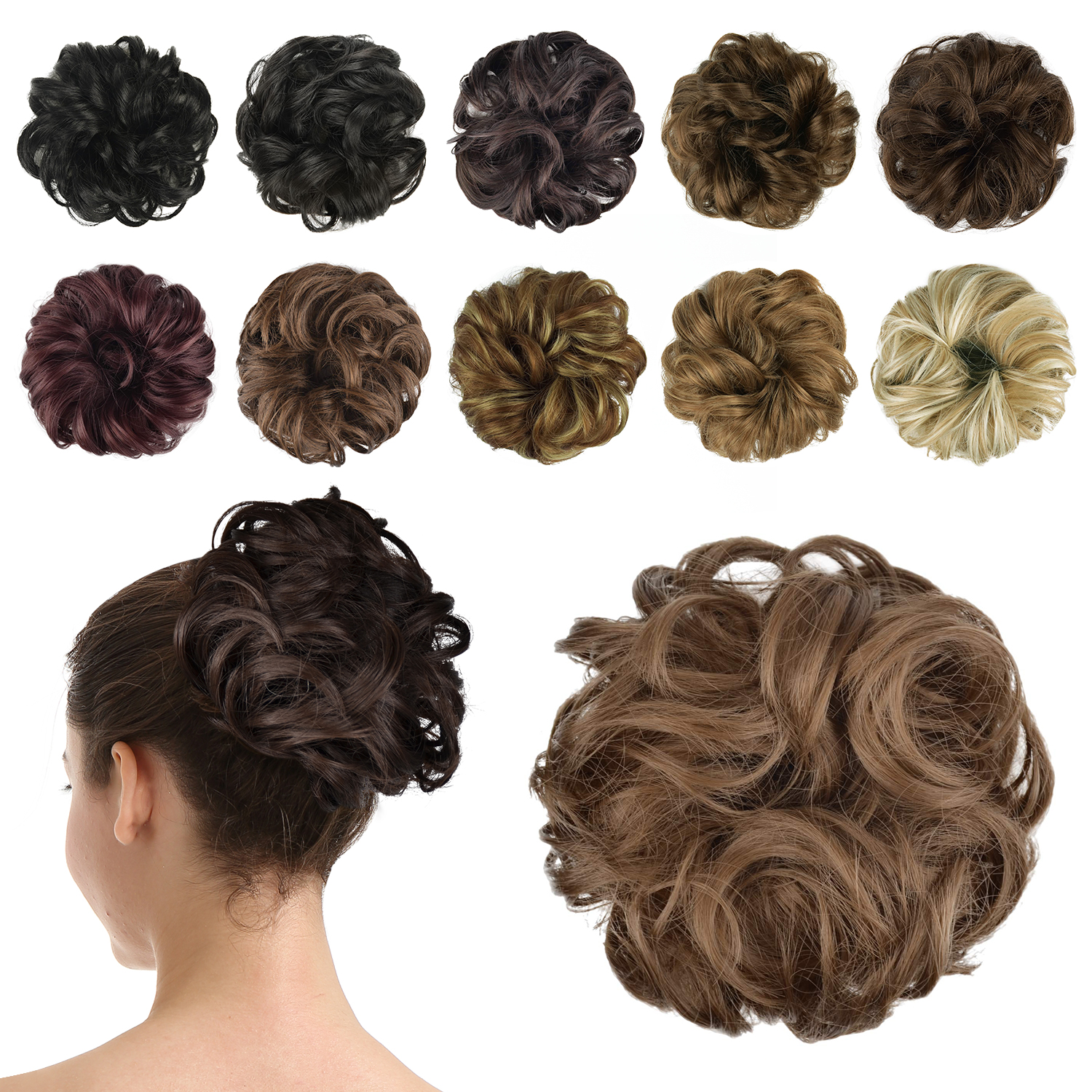 BARSDAR Hairpiece Hair Rubber Scrunchies Hair Bun Extensions for Women Ponytail Extensions Updo Curly Messy Bun -A34 Light Golden Brown