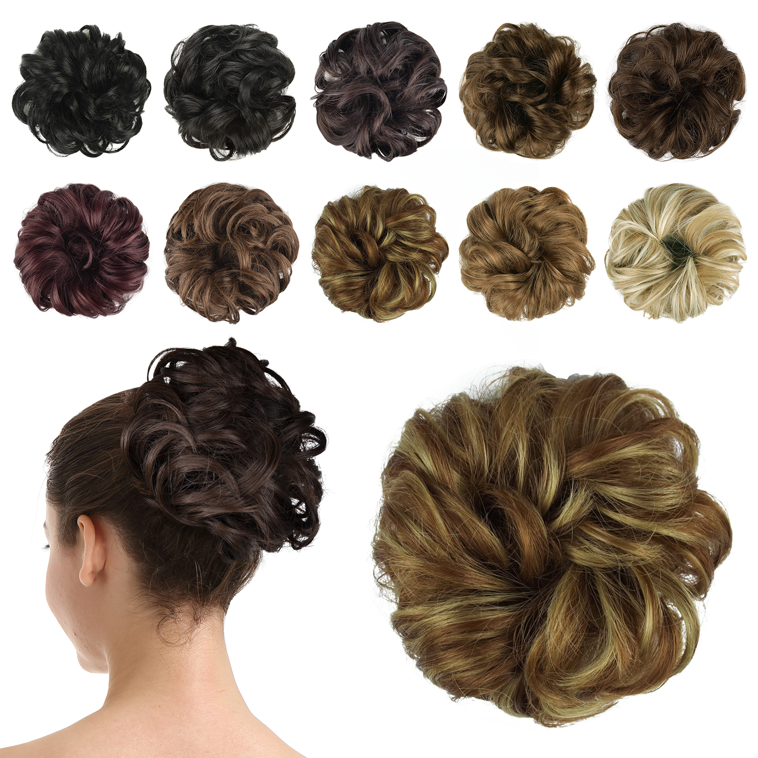 BARSDAR Hair Bun Extensions Hairpiece Hair Rubber Scrunchies for Women Ponytail Extensions Updo Curly Messy Bun - A27 Brown & Blonde