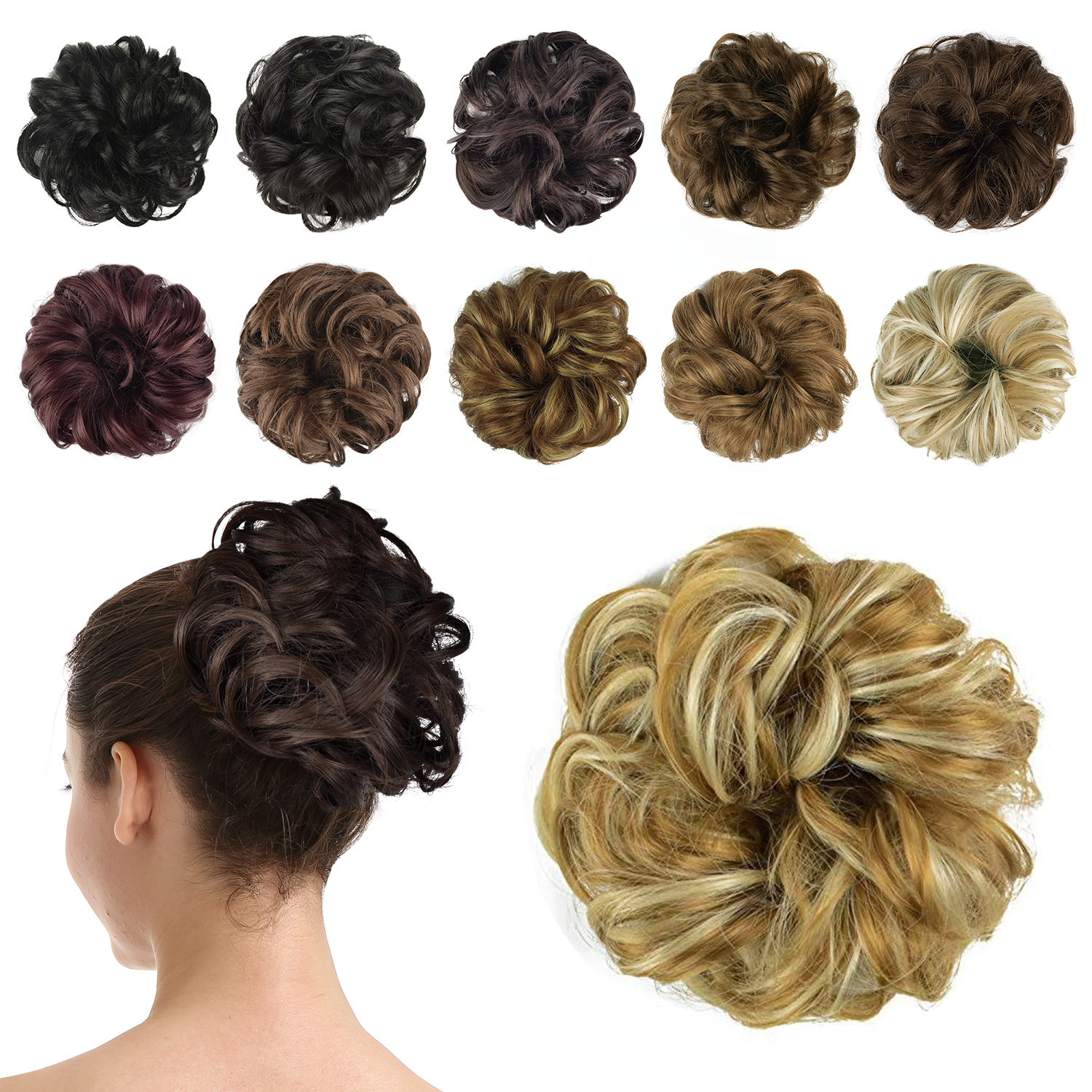 BARSDAR Hair Bun Extensions Hairpiece Hair Rubber Scrunchies for Women Ponytail Extensions Updo Curly Messy Bun - Lightest Ash Brown & Bleach Blonde