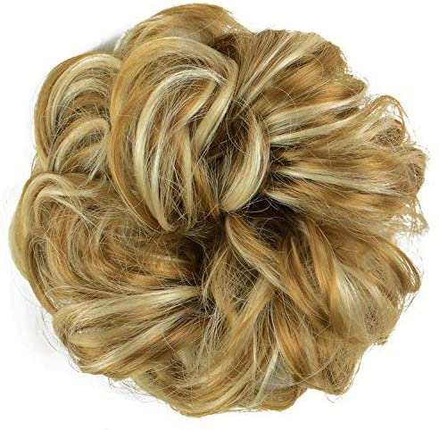 BARSDAR Hair Bun Extensions Hairpiece Hair Rubber Scrunchies for Women Ponytail Extensions Updo Curly Messy Bun - Lightest Ash Brown & Bleach Blonde