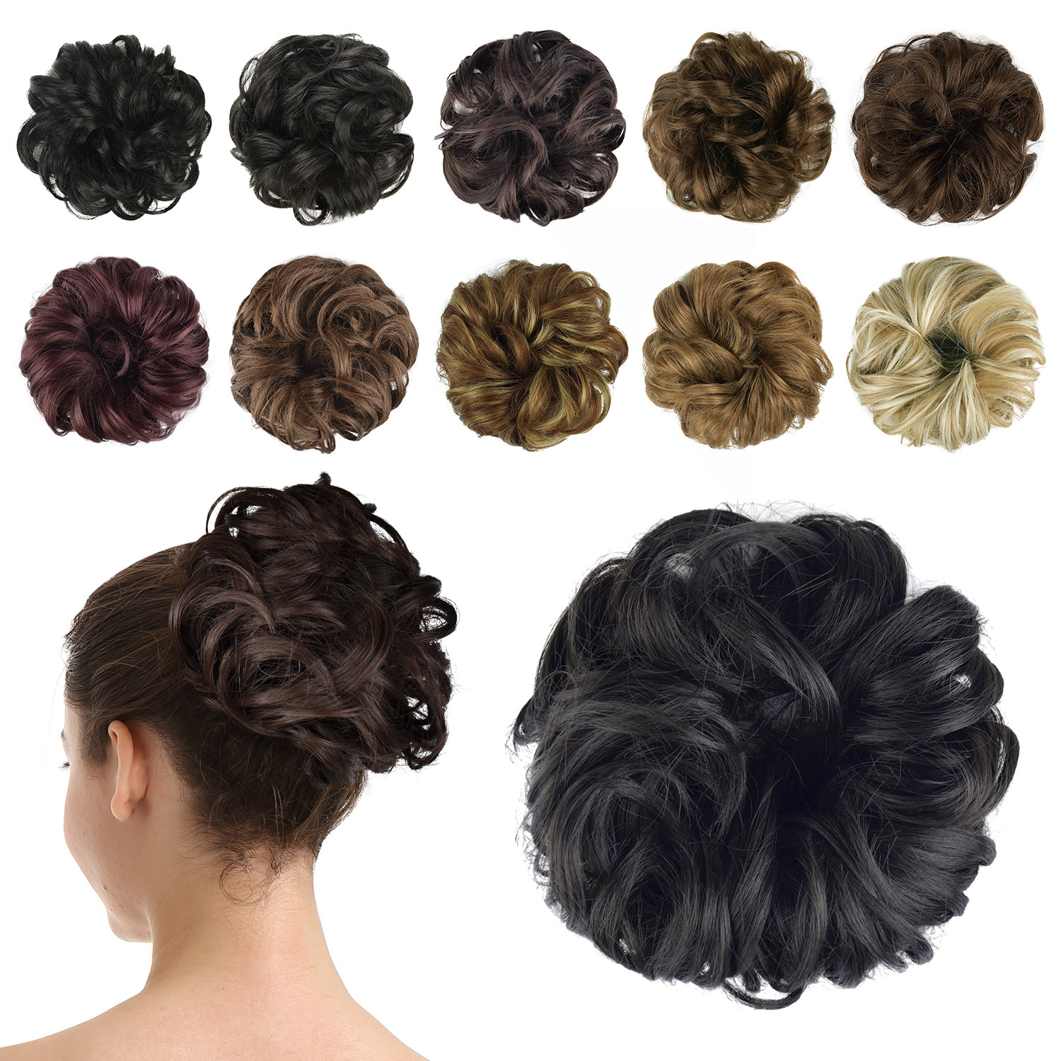 BARSDAR Hairpiece Hair Rubber Scrunchies Hair Bun Extensions for Women Ponytail Extensions Updo Curly Messy Bun - A03 Darkest Brown Near Black