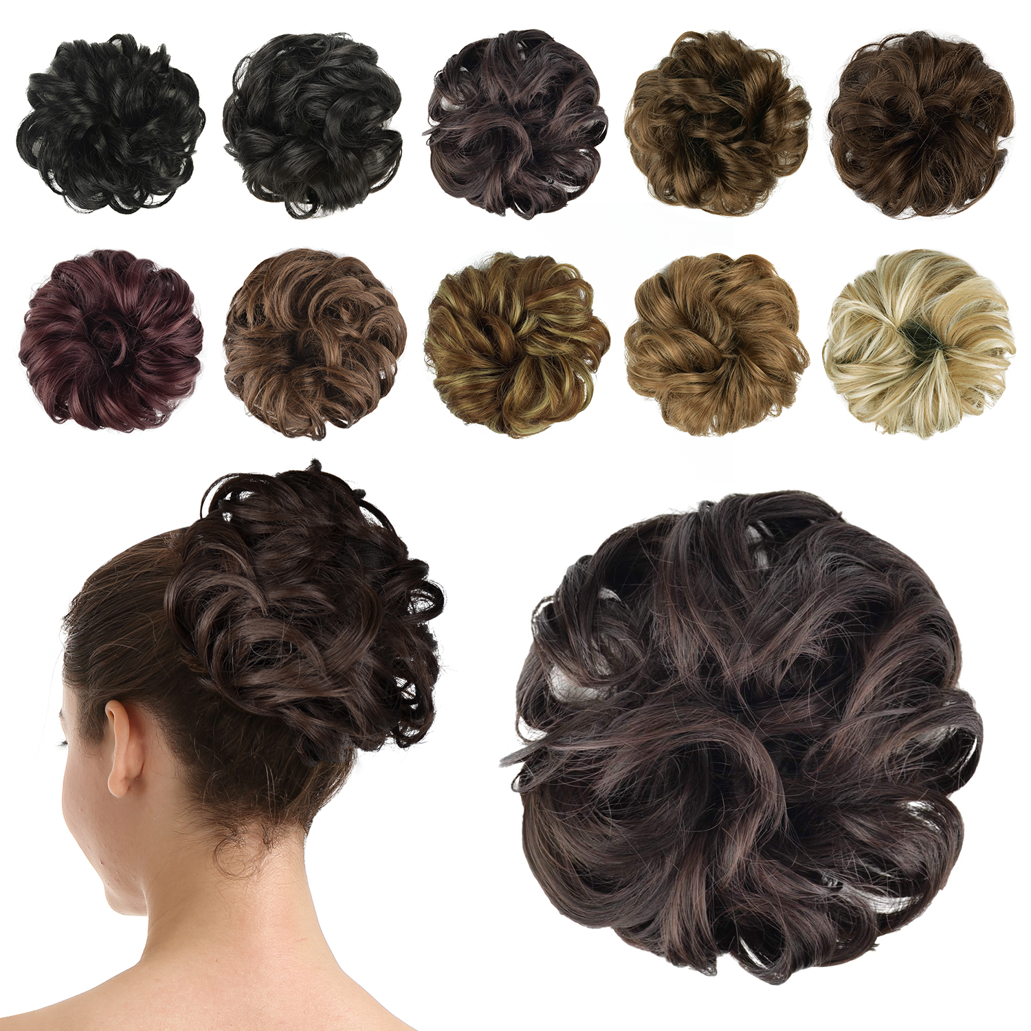 BARSDAR Hair Bun Extensions Hairpiece Hair Rubber Scrunchies for Women Ponytail Extensions Updo Curly Messy Bun - A08 Dark Brown & Dark Auburn