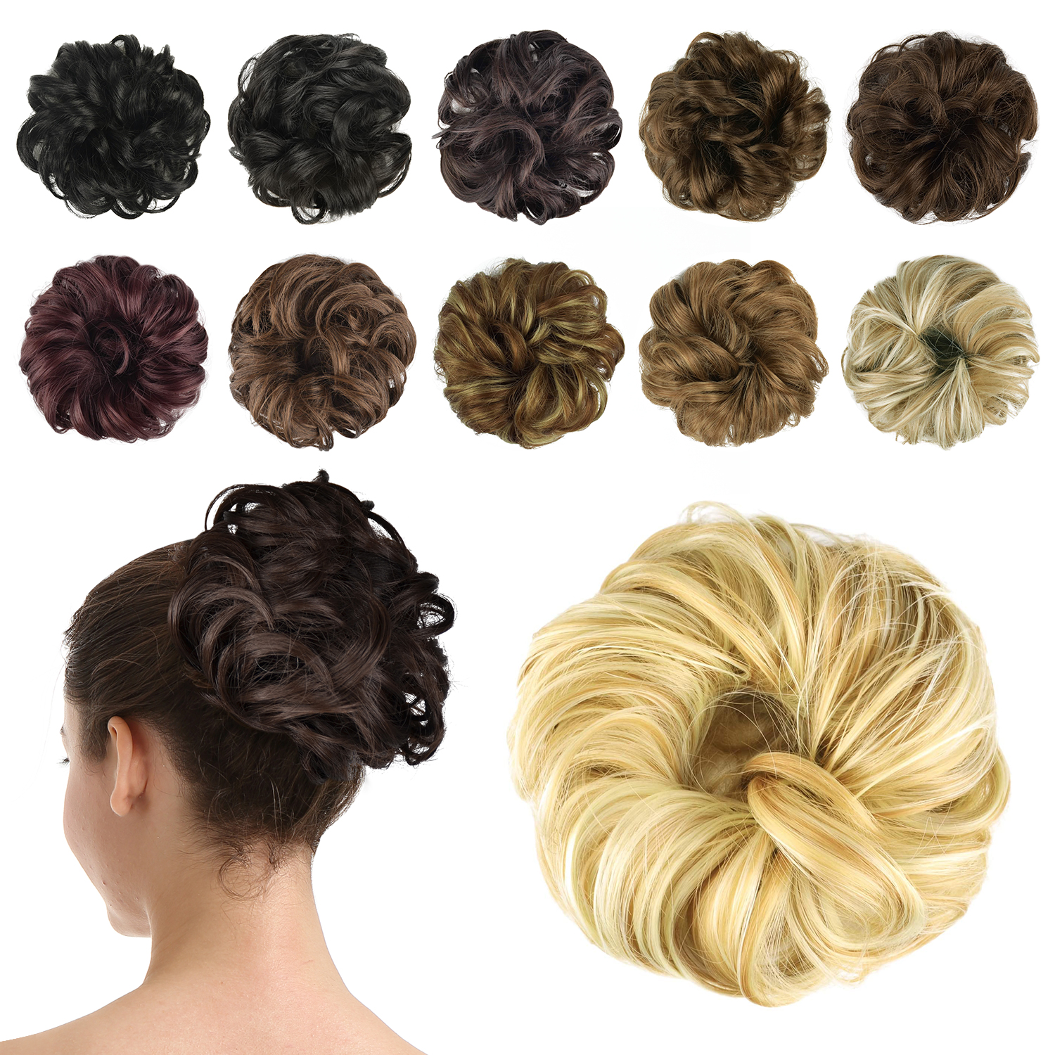 BARSDAR Messy Hair Bun Extensions Wavy Hair Scrunchies Curly Hair Donut Chignons Hair Pieces Updo Hair Accessories Hair Ribbon Ponytail Hair Extensions (27H613-Strawberry Blonde & Bleach Blonde)