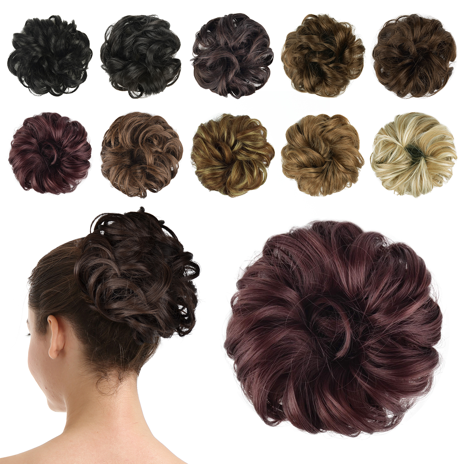 BARSDAR Hair Bun Extensions Hairpiece Hair Rubber Scrunchies for Women Ponytail Extensions Updo Curly Messy Bun - A13 Dark Auburn