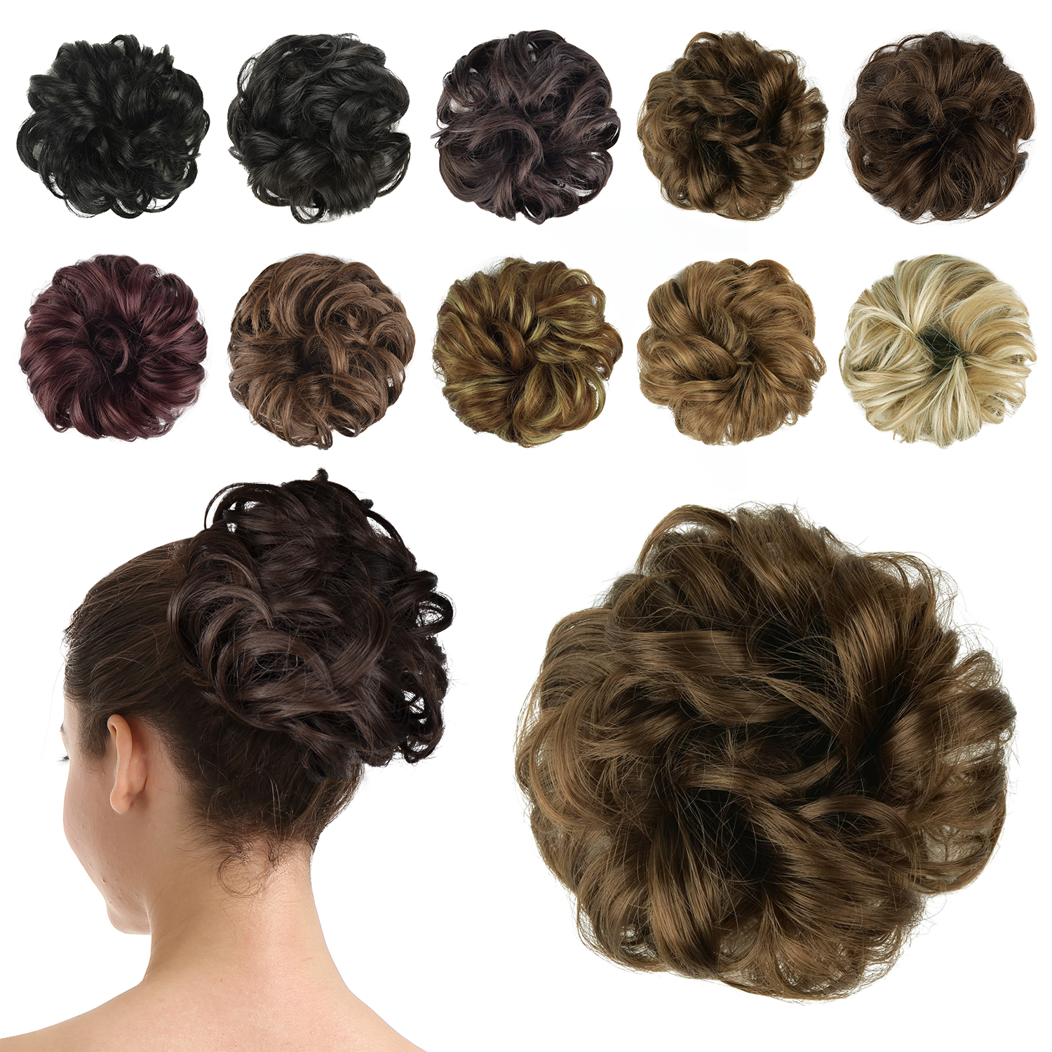 BARSDAR Hair Bun Extensions Hairpiece Hair Rubber Scrunchies for Women Ponytail Extensions Updo Curly Messy Bun - A07 Golden Brown Hairpiece