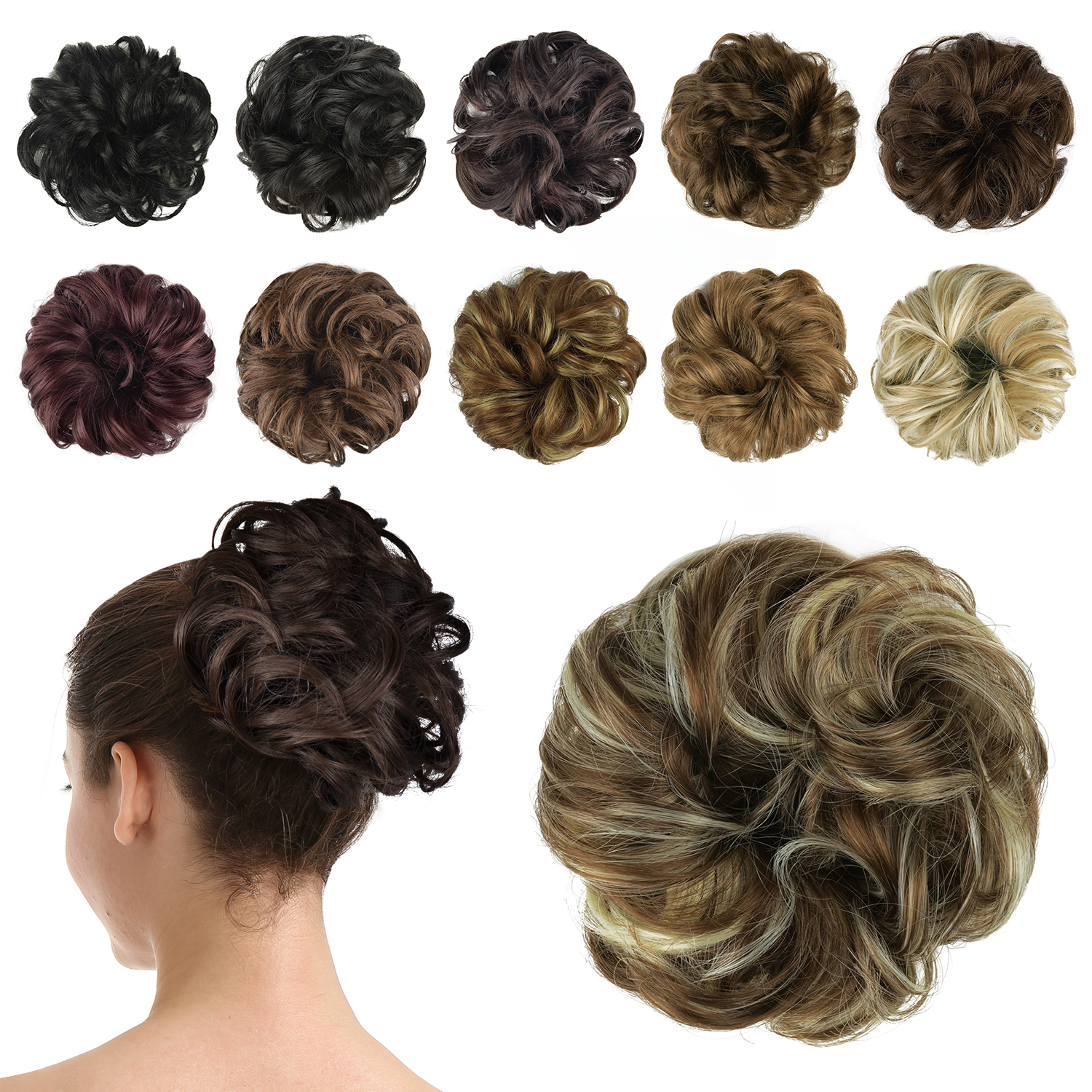 BARSDAR Synthetic Hair Bun Extensions Hairpiece Messy Hair Scrunchies for Women Updo ponytail Extensions - A28 Medium Chestnut Brown&Bleach Blond