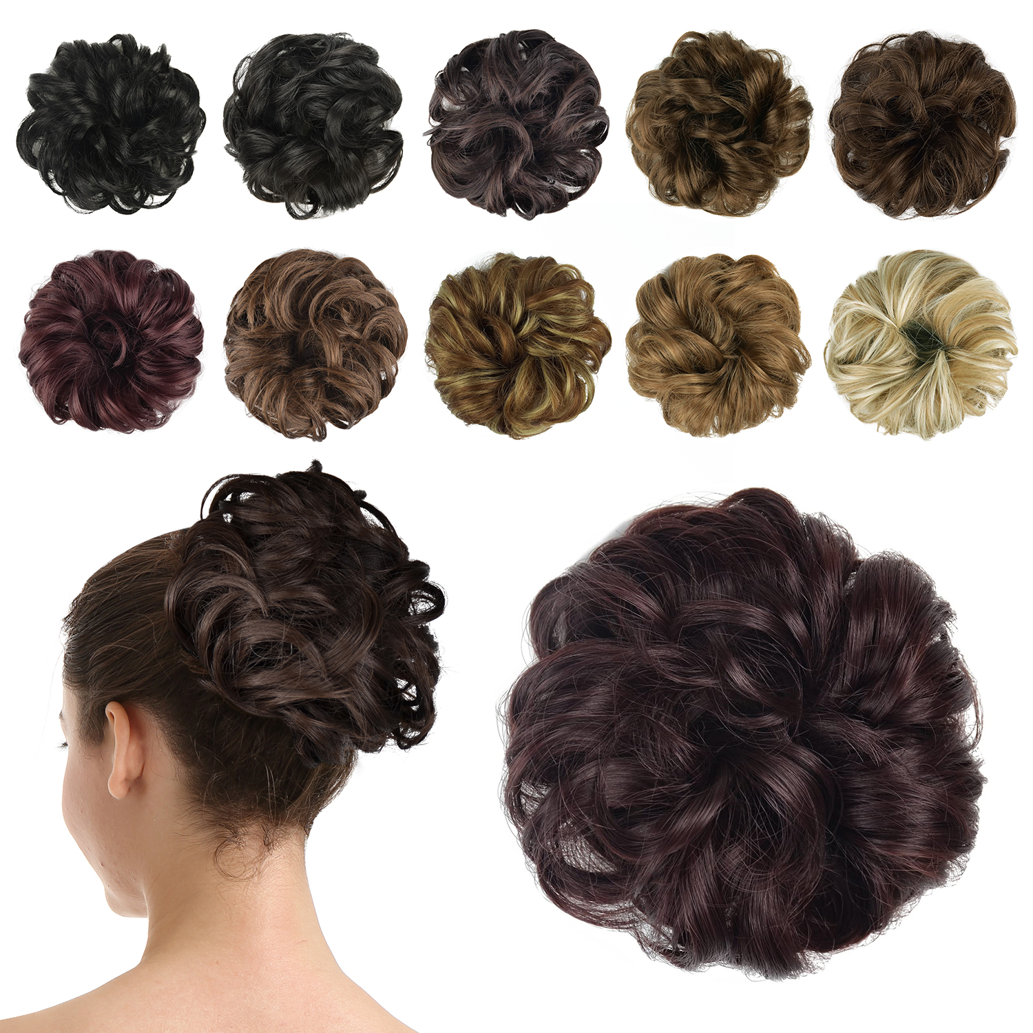 BARSDAR Hair Bun Extensions Hairpiece Hair Rubber Scrunchies for Women Ponytail Extensions Updo Curly Messy Bun - A11 Black & Burgundy