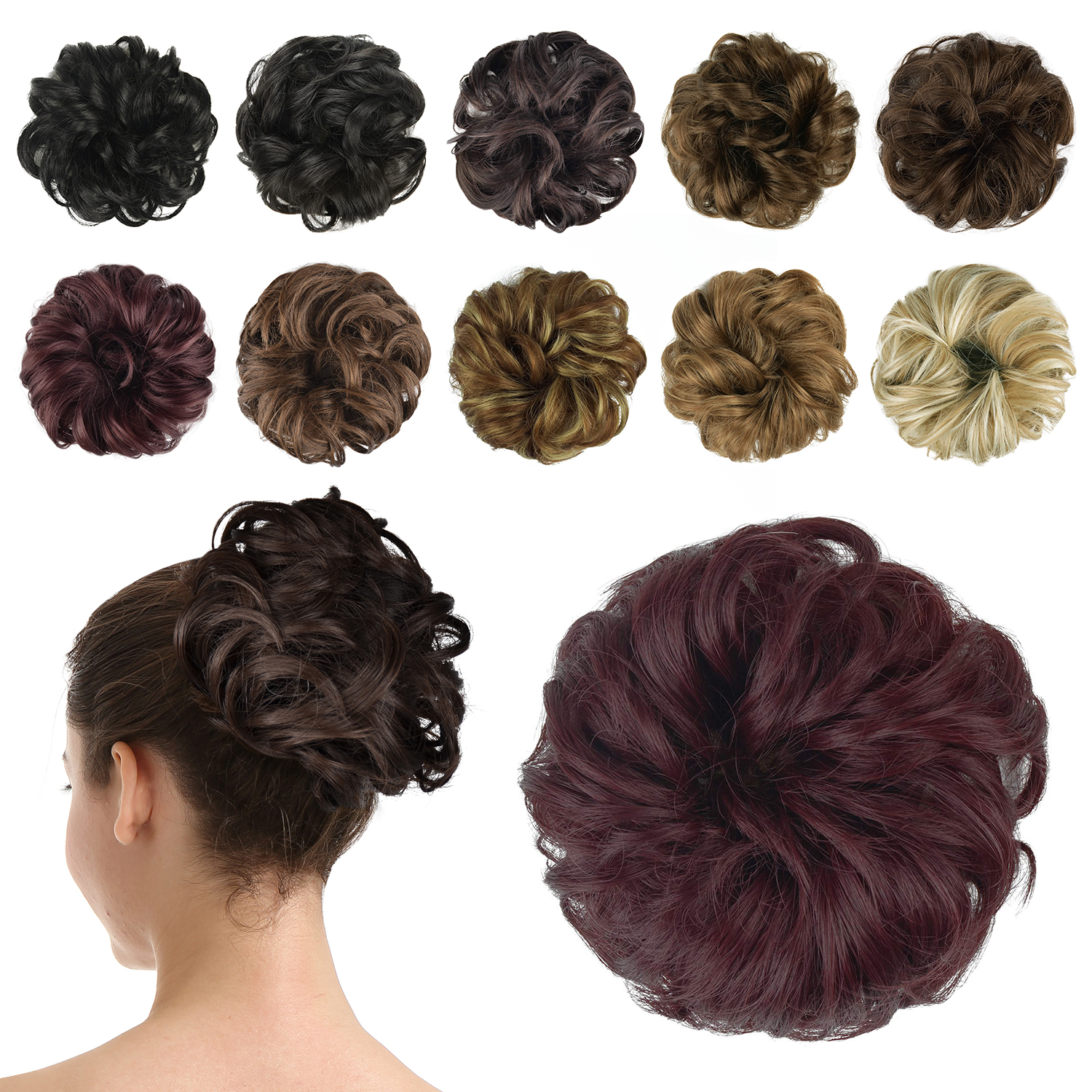 BARSDAR Hair Bun Extensions Hairpiece Hair Rubber Scrunchies for Women Ponytail Extensions Updo Curly Messy Bun -wine red